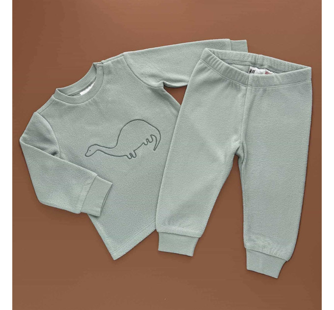 Піжама H&M, реглан з штанами, фліс, зелений/динозаврик
