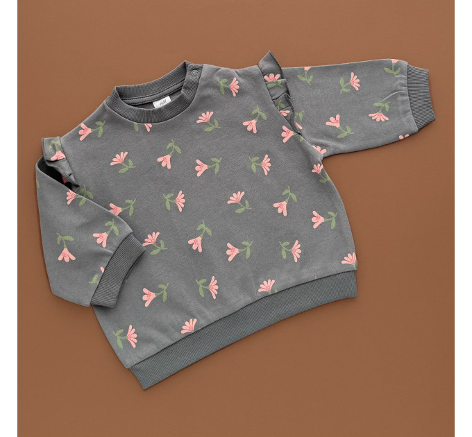 Світшот H&M, двонитка, тоненька байка, темно-сірий/рожеві квіти