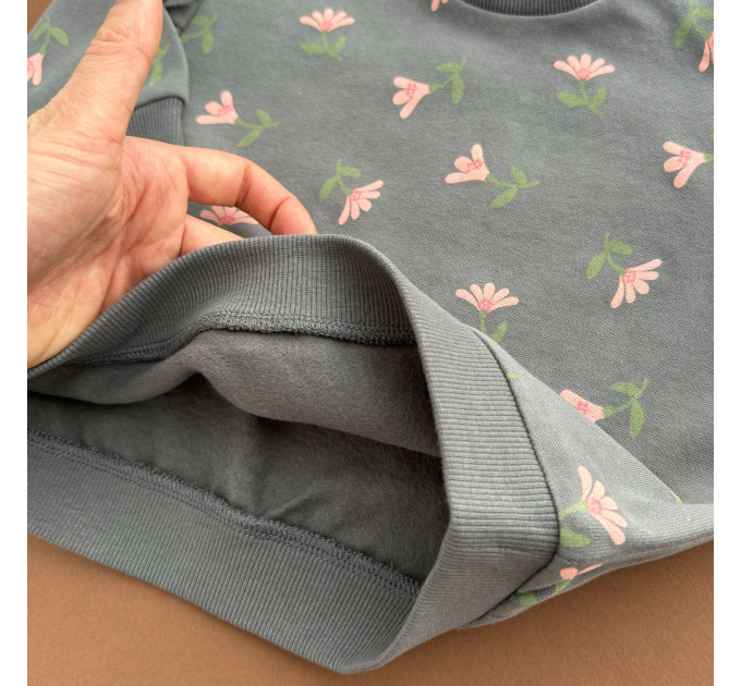 Світшот H&M, двонитка, тоненька байка, темно-сірий/рожеві квіти