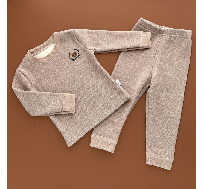 Піжама утеплена, реглан з штанами, бежевий/мордочка ведмедика