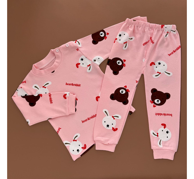 Піжама, реглан з штанами, рожевий/мордочки ведмедиків та зайчиків