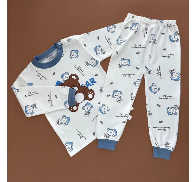 Піжама, реглан з штанами, білий, блакитний/Ведмедик