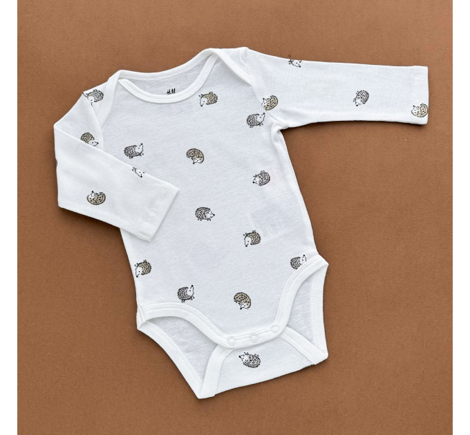 Боді H&M з довгим рукавом, білий/принт їжачки