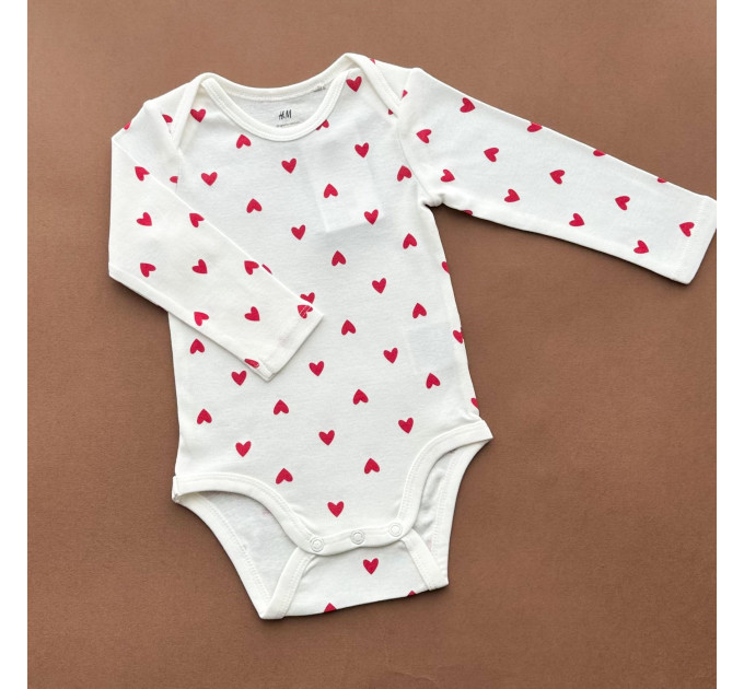 Боді H&M з довгим рукавом, молочний/червоні сердечка