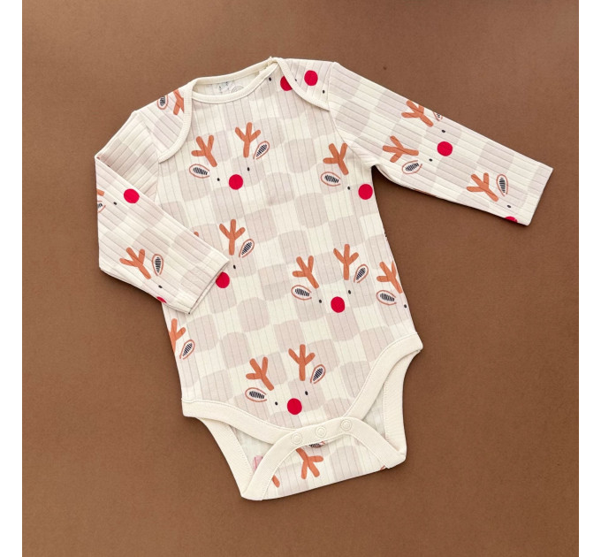 Боді Next з довгим рукавом, бежевий/рубчик клітинка Мордочка Оленятка