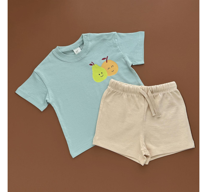 Костюмчик H&M Футболка з шортами, блакитна футболка яблуко+груша/
бежеві шорти