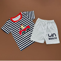 Піжама Футболка з шортами, синій полоска, сірі шорти/машинка