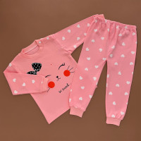 Піжама, реглан з штанами, рожевий/мордочка котика з чорним бантиком