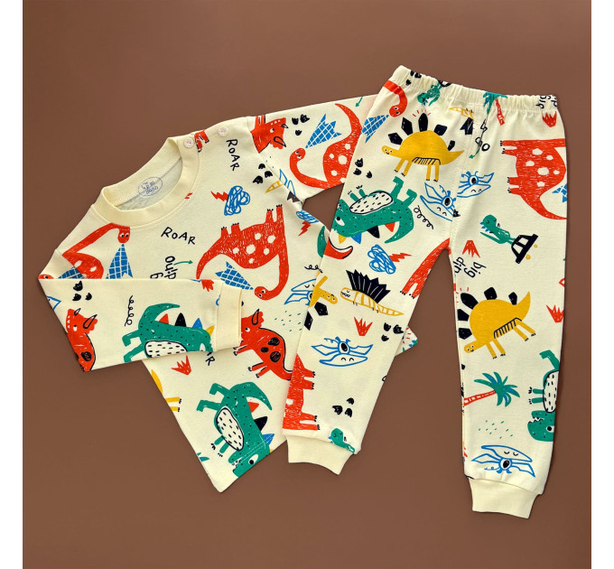Піжама, реглан з штанами, кремовий/динозаврики
