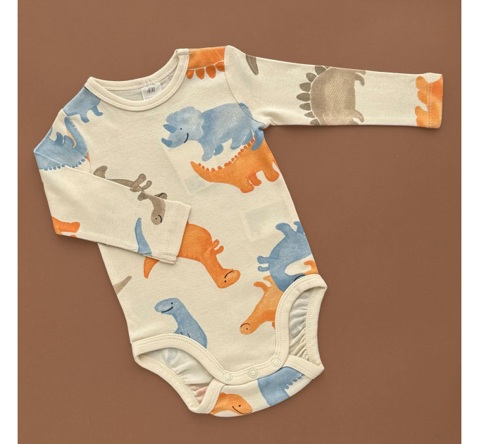 Боді H&M з довгим рукавом з кнопочками бежевий/динозаврики різнокольорові