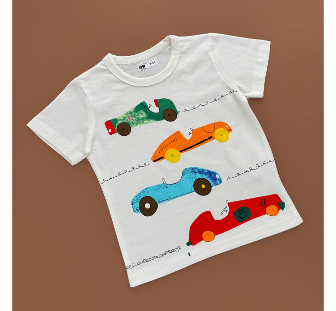 Футболка, білий/різнокольорові машинки
